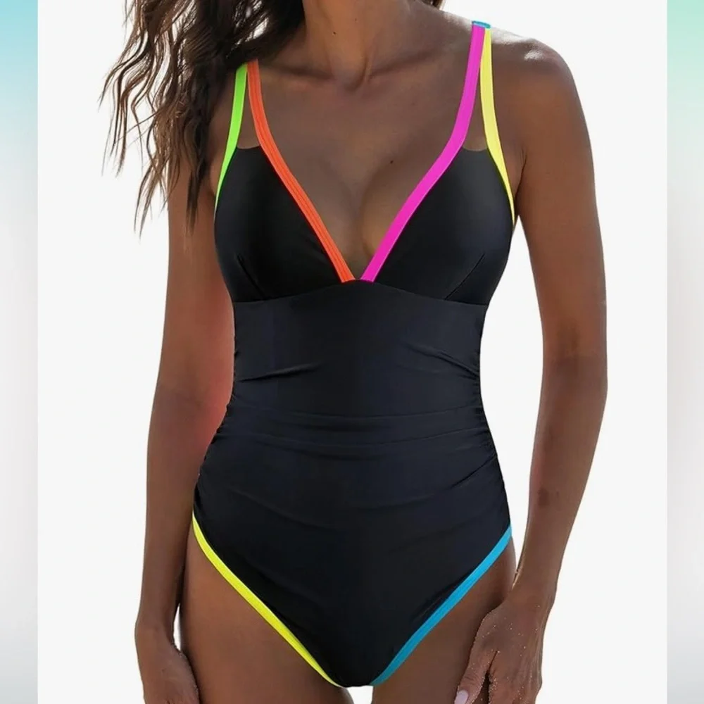 Women's One Piece Neon Color Block Swimsuits Tummy Control Swimwear Deep V Neck - Picture 1 of 6